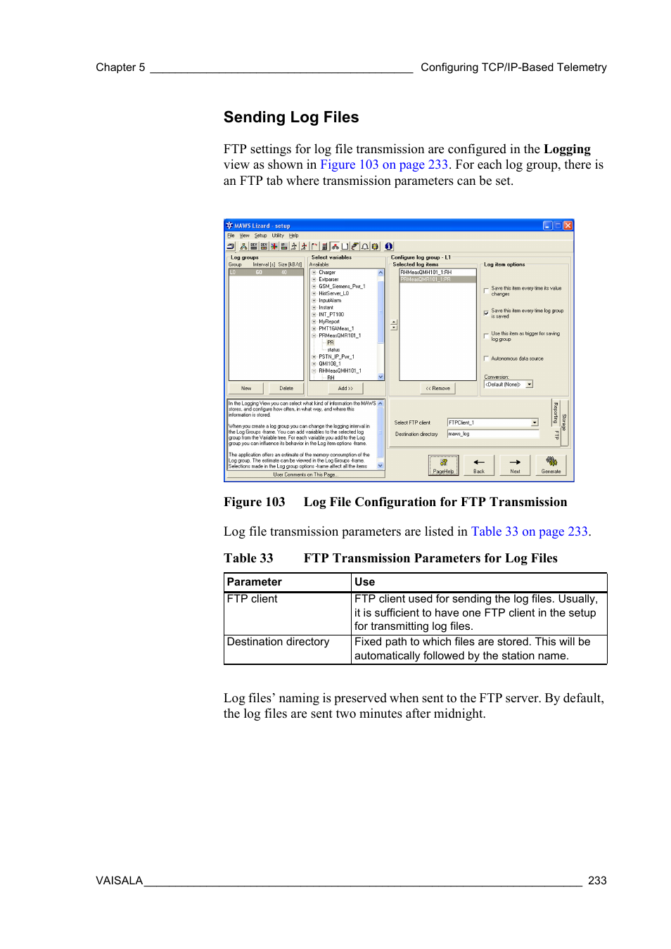 Sending log files, Table 33, Ftp transmission parameters for log files | Vaisala Hydromet Data Collection Platform User Manual | Page 235 / 384