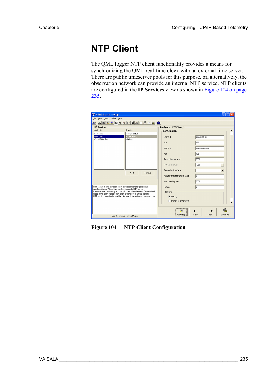 Ntp client, Figure 104 ntp client configuration | Vaisala Hydromet Data Collection Platform User Manual | Page 237 / 384