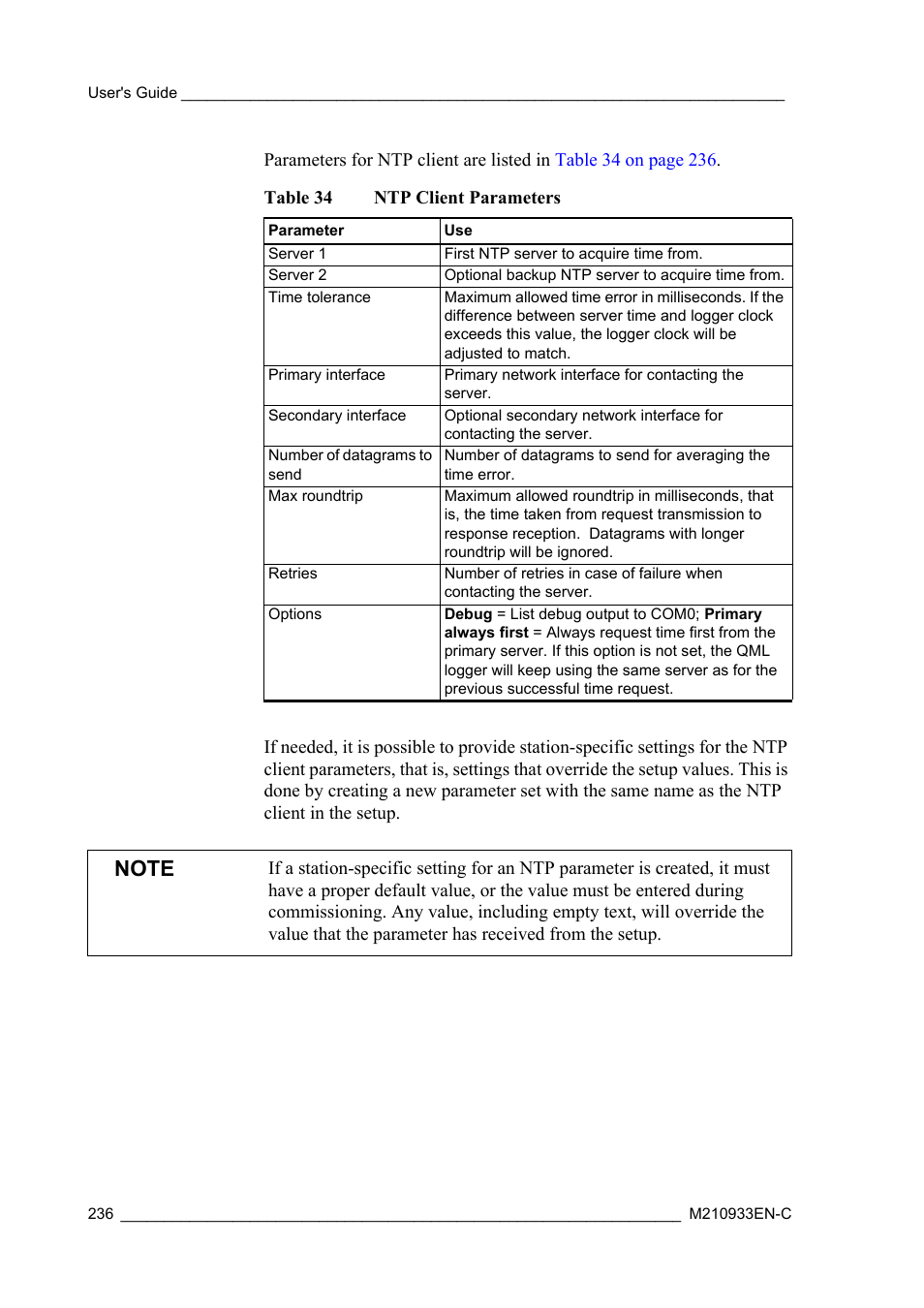 Table 34, Ntp client parameters | Vaisala Hydromet Data Collection Platform User Manual | Page 238 / 384