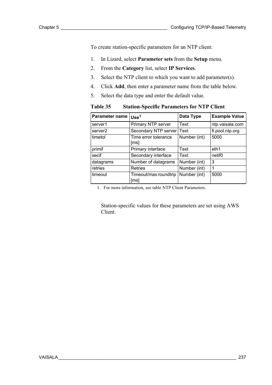 Table 35, Station-specific parameters for ntp client | Vaisala Hydromet Data Collection Platform User Manual | Page 239 / 384