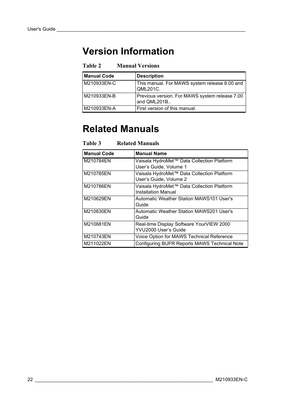 Version information, Related manuals, Version information related manuals | Table 2, Manual versions, Table 3 | Vaisala Hydromet Data Collection Platform User Manual | Page 24 / 384
