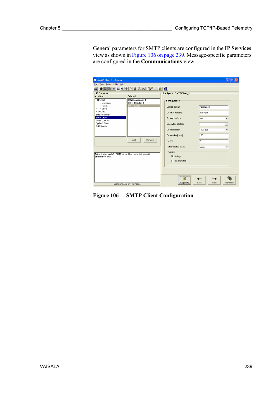 Figure 106 smtp client configuration | Vaisala Hydromet Data Collection Platform User Manual | Page 241 / 384