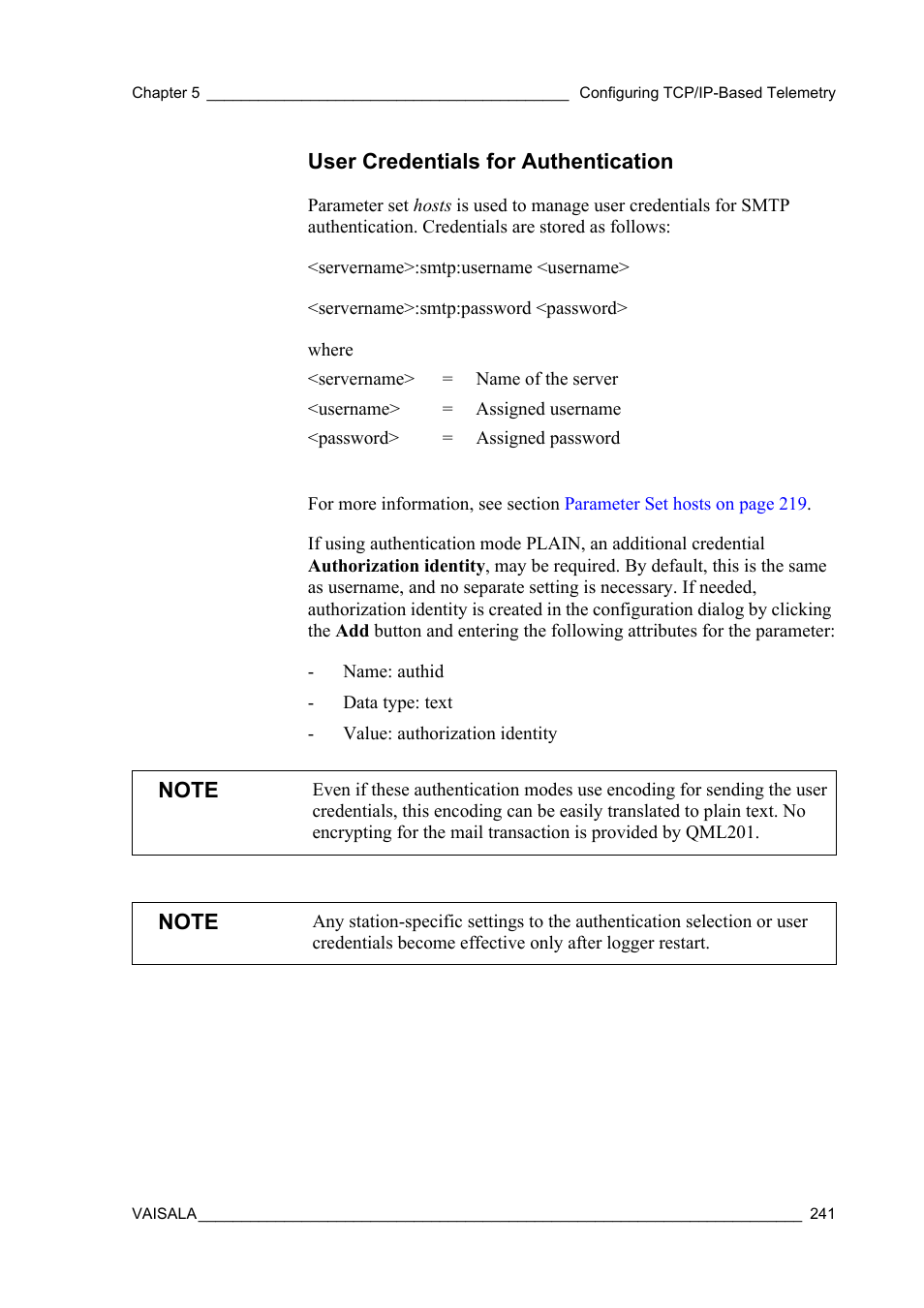 User credentials for authentication | Vaisala Hydromet Data Collection Platform User Manual | Page 243 / 384