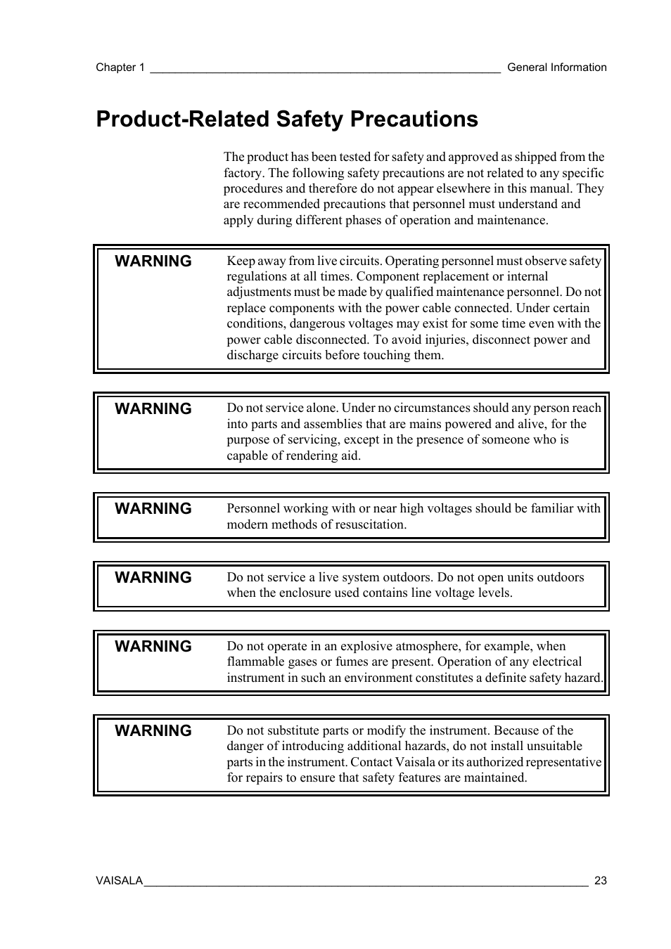 Product-related safety precautions | Vaisala Hydromet Data Collection Platform User Manual | Page 25 / 384