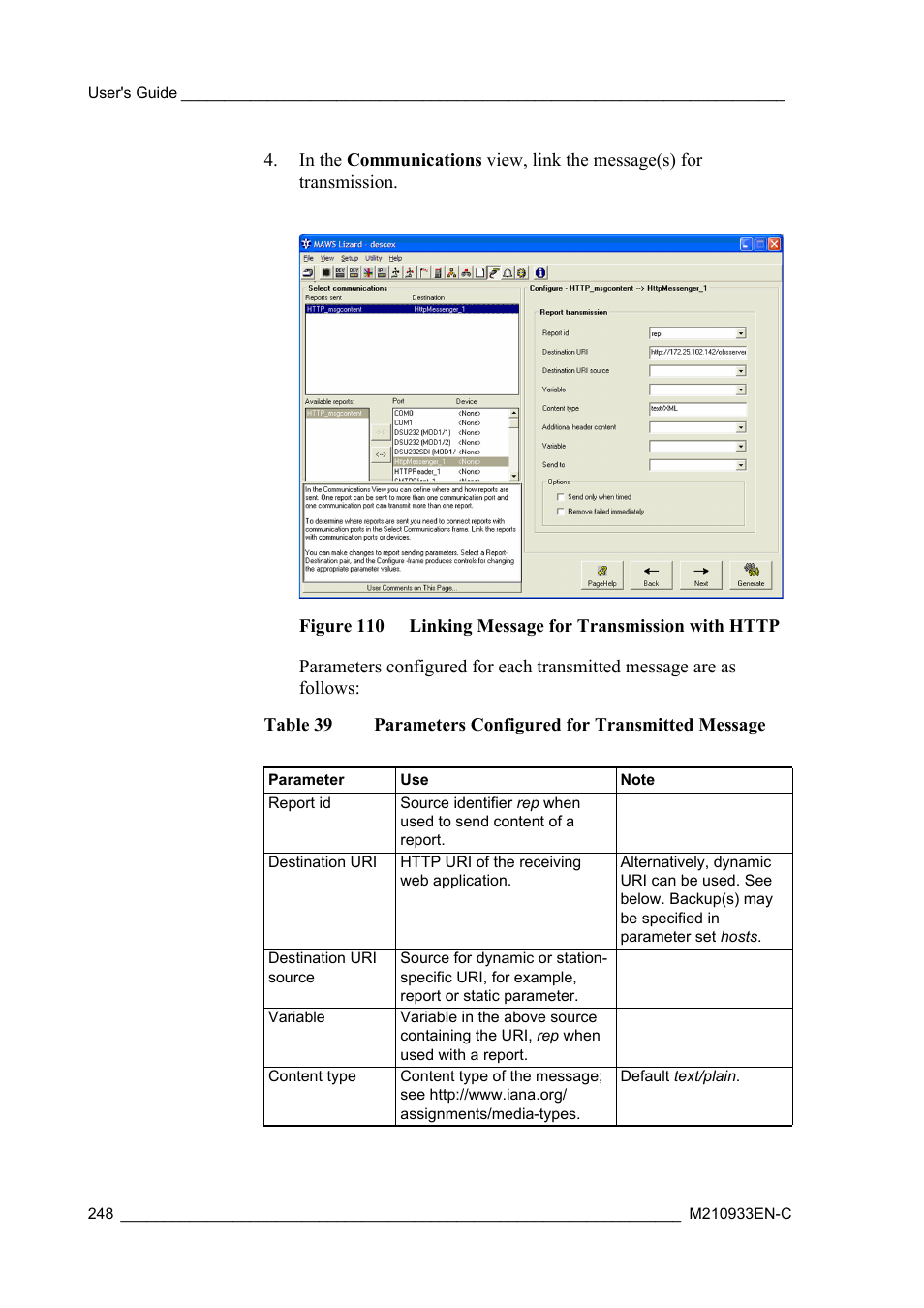 Table 39, Parameters configured for transmitted message | Vaisala Hydromet Data Collection Platform User Manual | Page 250 / 384