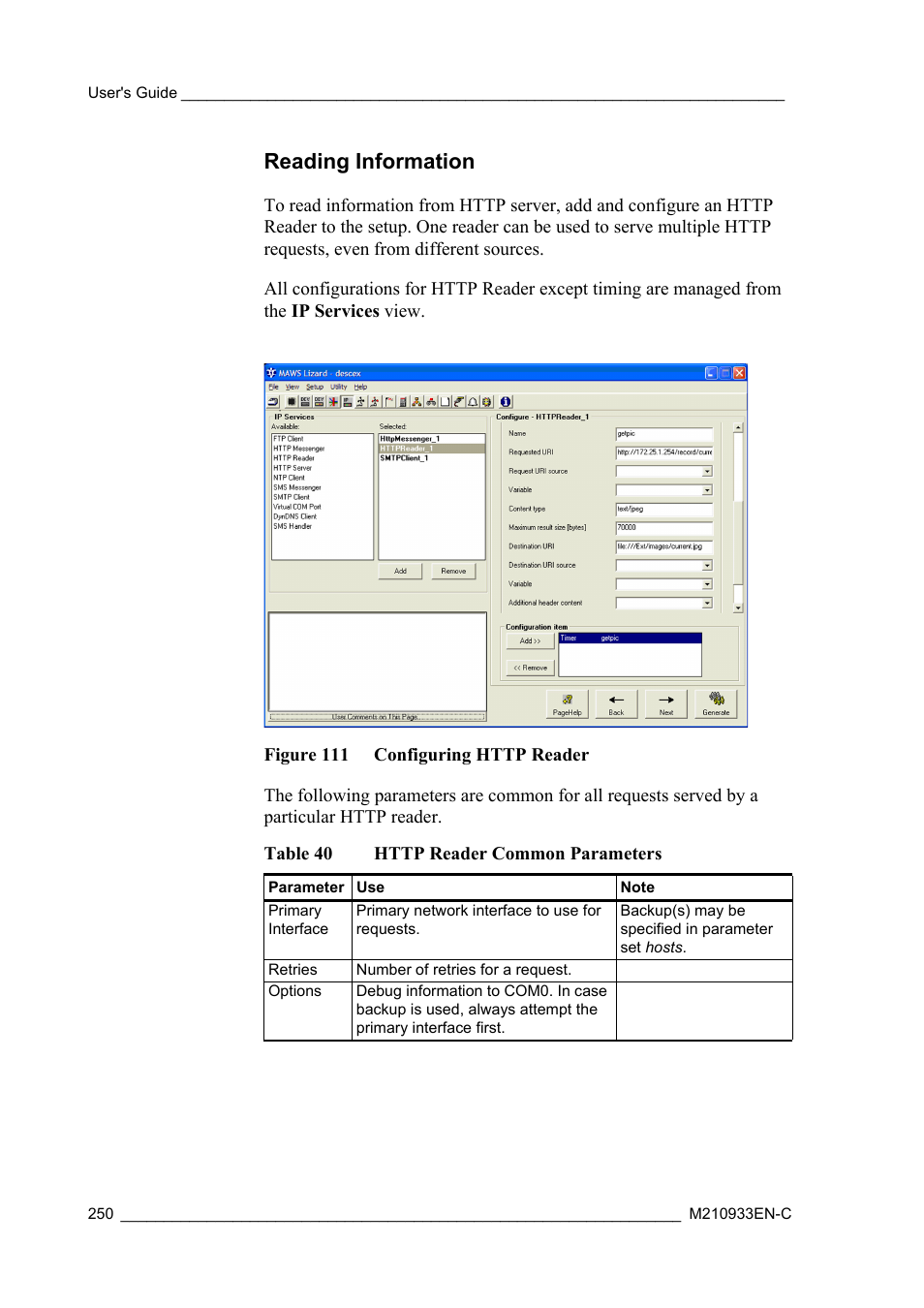 Reading information, Figure 111 configuring http reader, Table 40 | Http reader common parameters | Vaisala Hydromet Data Collection Platform User Manual | Page 252 / 384