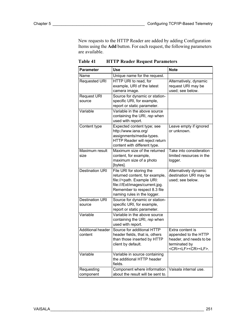 Table 41, Http reader request parameters | Vaisala Hydromet Data Collection Platform User Manual | Page 253 / 384