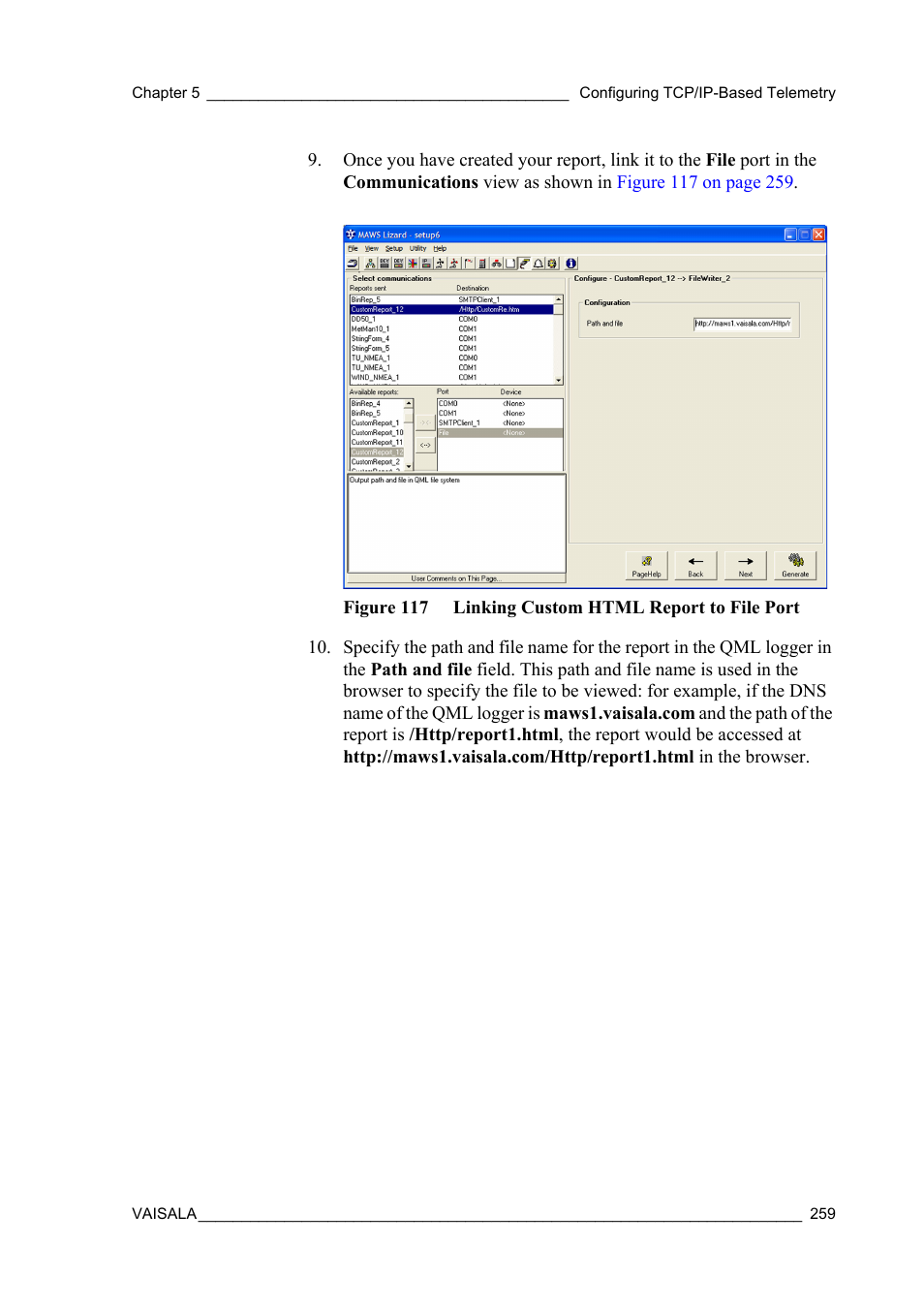 Figure 117 linking custom html report to file port | Vaisala Hydromet Data Collection Platform User Manual | Page 261 / 384