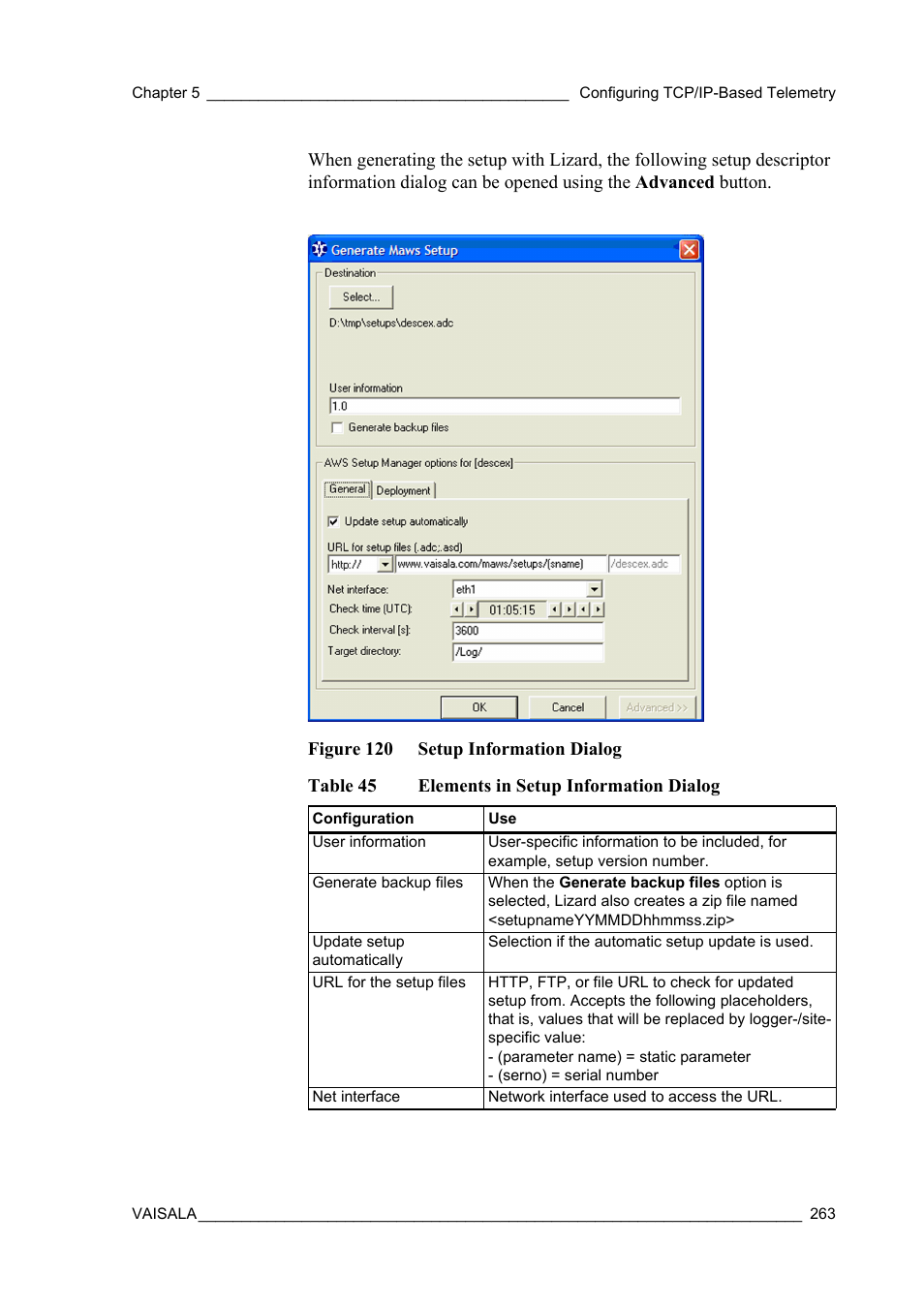 Figure 120 setup information dialog, Table 45, Elements in setup information dialog | Vaisala Hydromet Data Collection Platform User Manual | Page 265 / 384