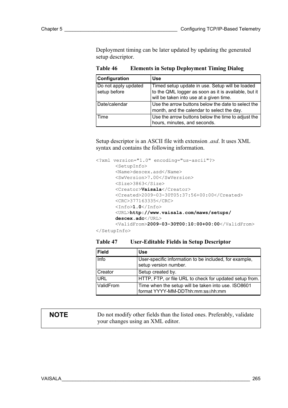 Table 46, Elements in setup deployment timing dialog, Table 47 | User-editable fields in setup descriptor | Vaisala Hydromet Data Collection Platform User Manual | Page 267 / 384
