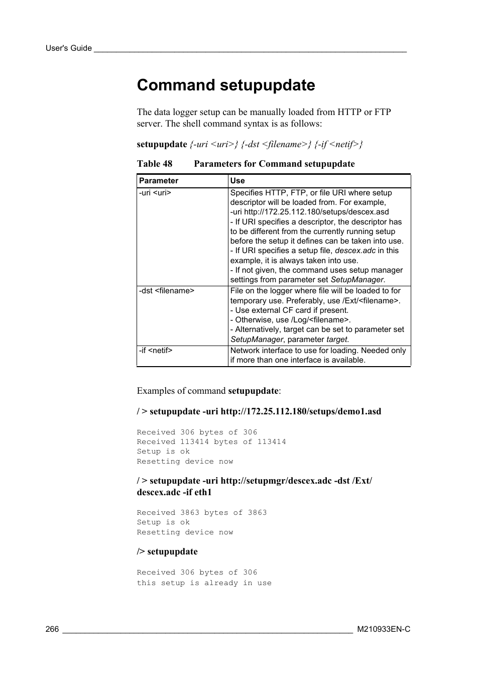 Command setupupdate, Table 48, Parameters for command setupupdate | Vaisala Hydromet Data Collection Platform User Manual | Page 268 / 384
