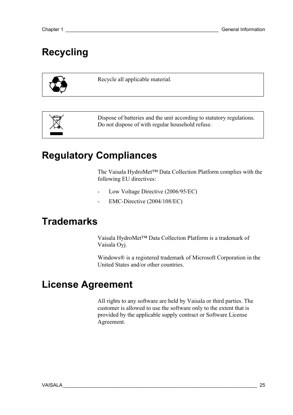 Recycling, Regulatory compliances, Trademarks | License agreement, Recycling regulatory compliances | Vaisala Hydromet Data Collection Platform User Manual | Page 27 / 384