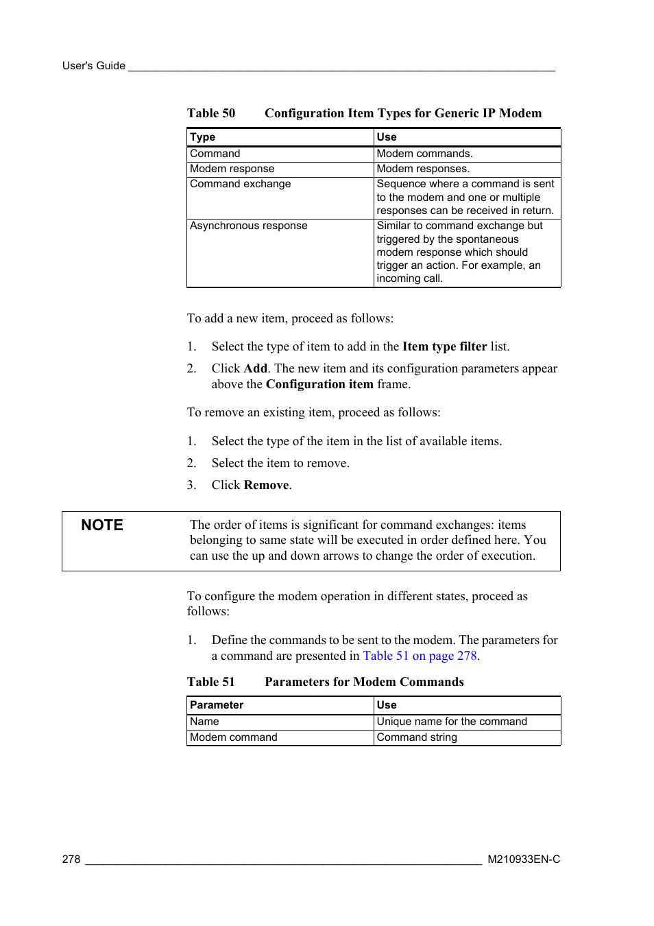 Table 50, Configuration item types for generic ip modem, Table 51 | Parameters for modem commands | Vaisala Hydromet Data Collection Platform User Manual | Page 280 / 384