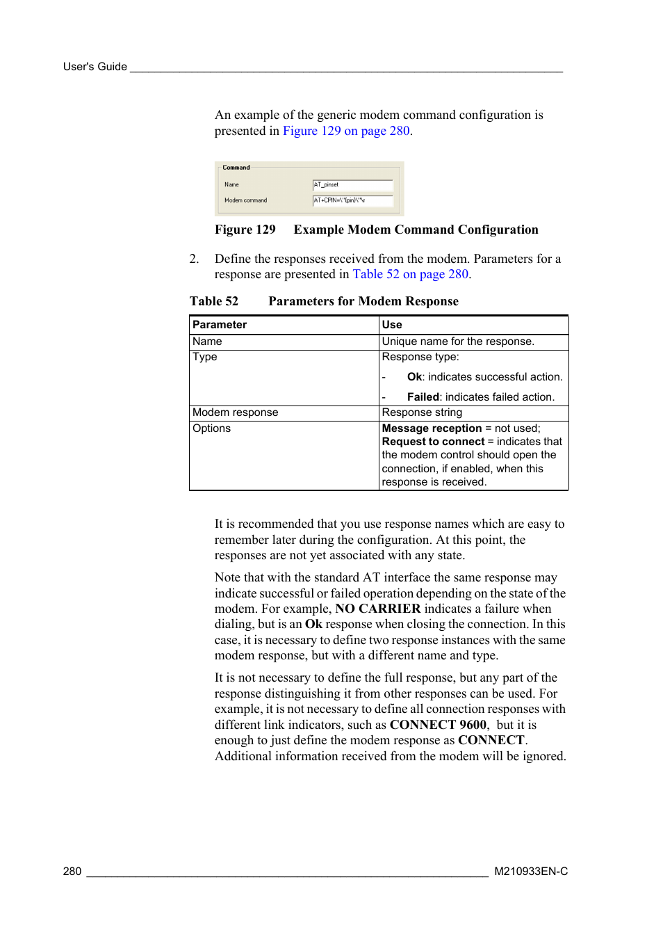 Figure 129 example modem command configuration, Table 52, Parameters for modem response | Vaisala Hydromet Data Collection Platform User Manual | Page 282 / 384