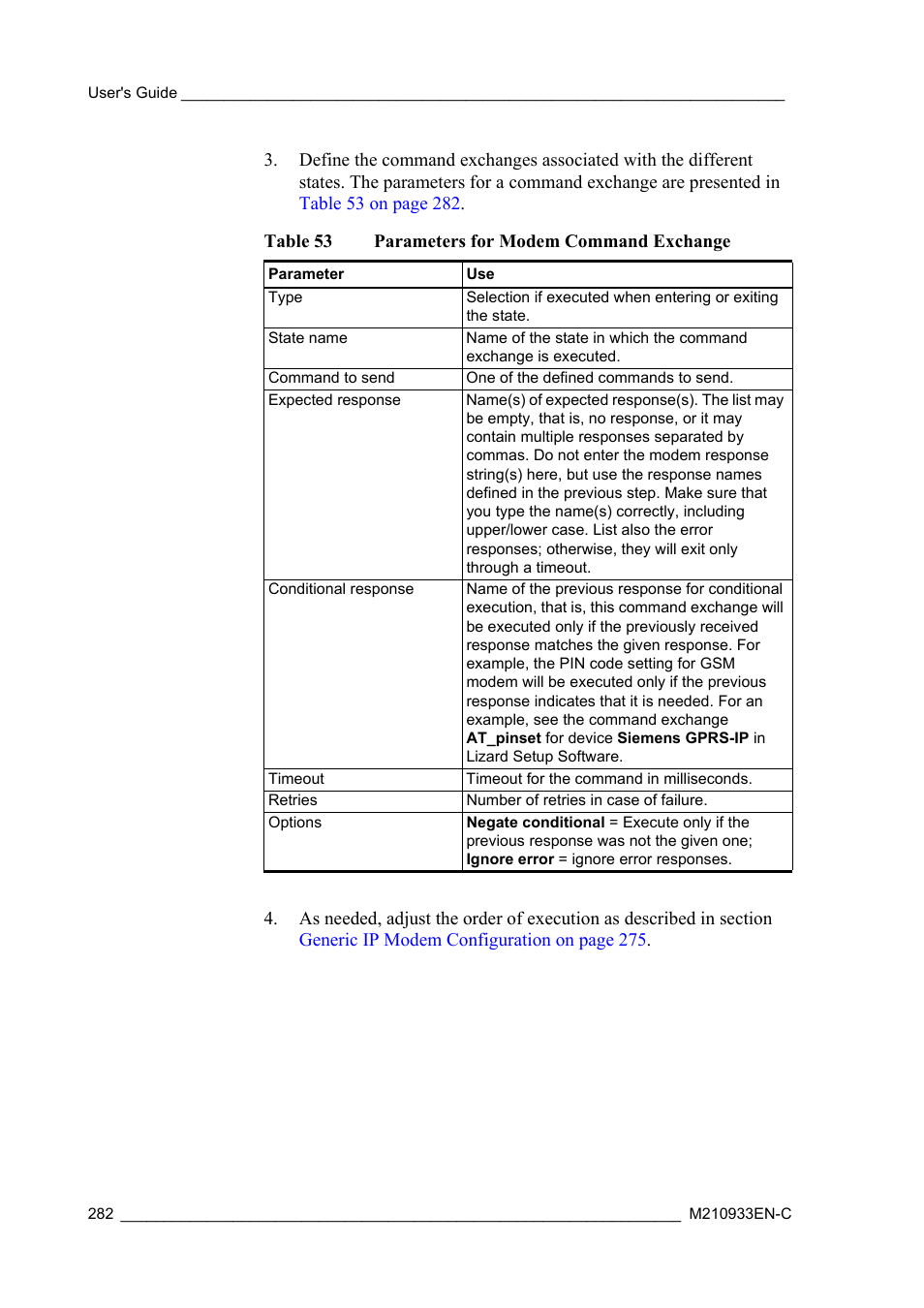 Table 53, Parameters for modem command exchange | Vaisala Hydromet Data Collection Platform User Manual | Page 284 / 384