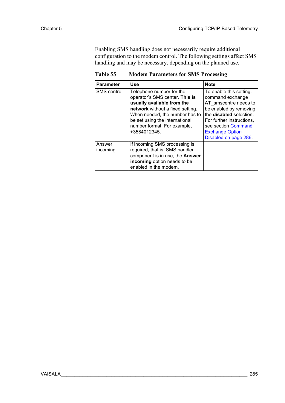 Table 55, Modem parameters for sms processing | Vaisala Hydromet Data Collection Platform User Manual | Page 287 / 384
