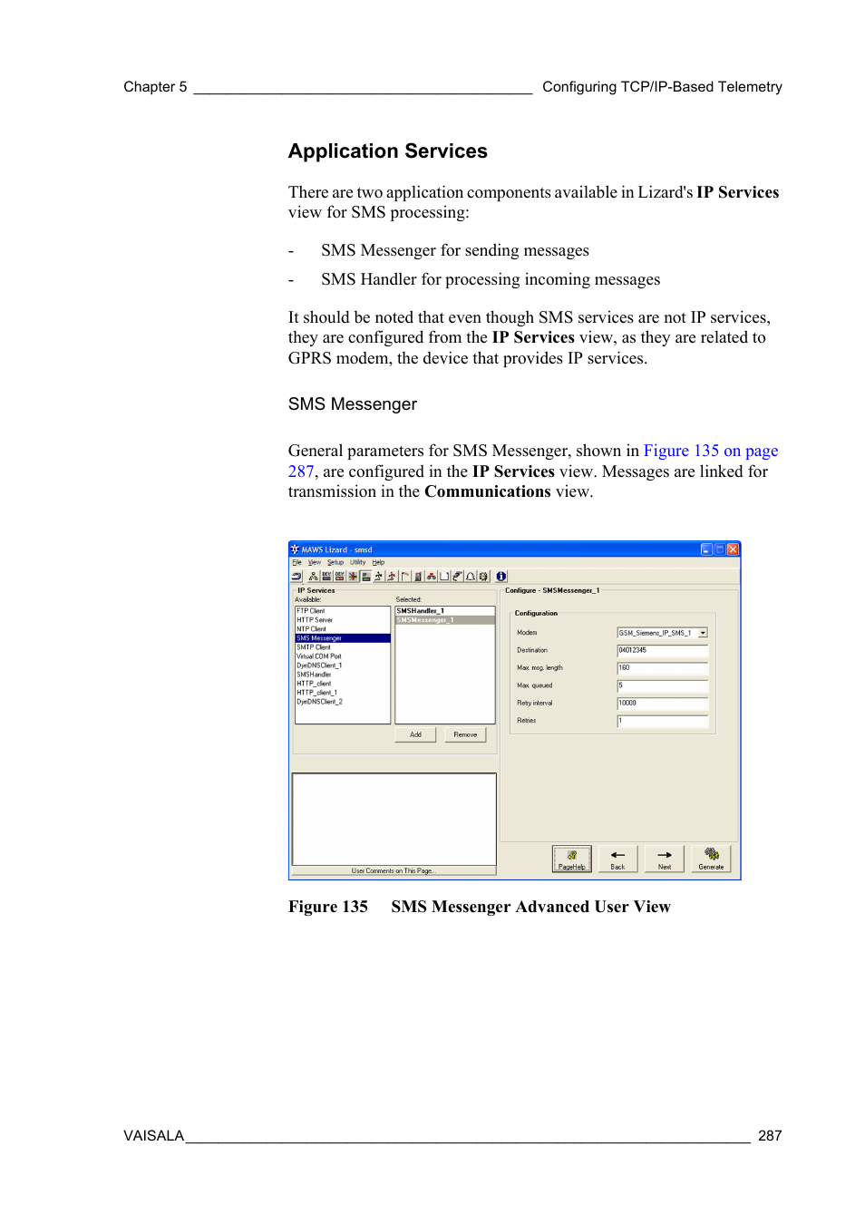 Application services, Sms messenger, Figure 135 sms messenger advanced user view | Vaisala Hydromet Data Collection Platform User Manual | Page 289 / 384