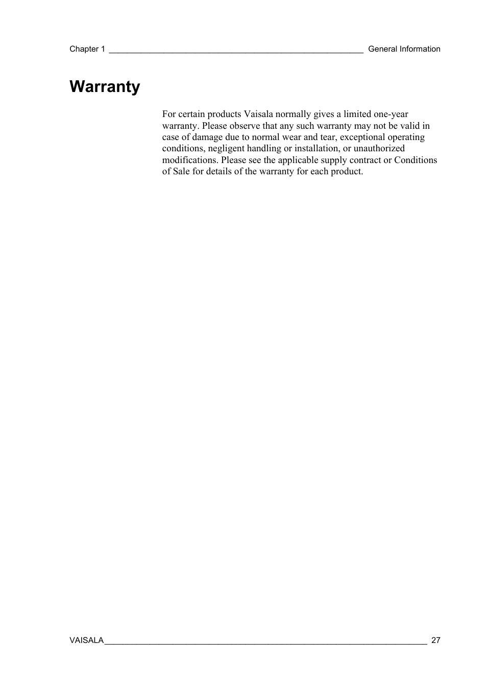 Warranty | Vaisala Hydromet Data Collection Platform User Manual | Page 29 / 384
