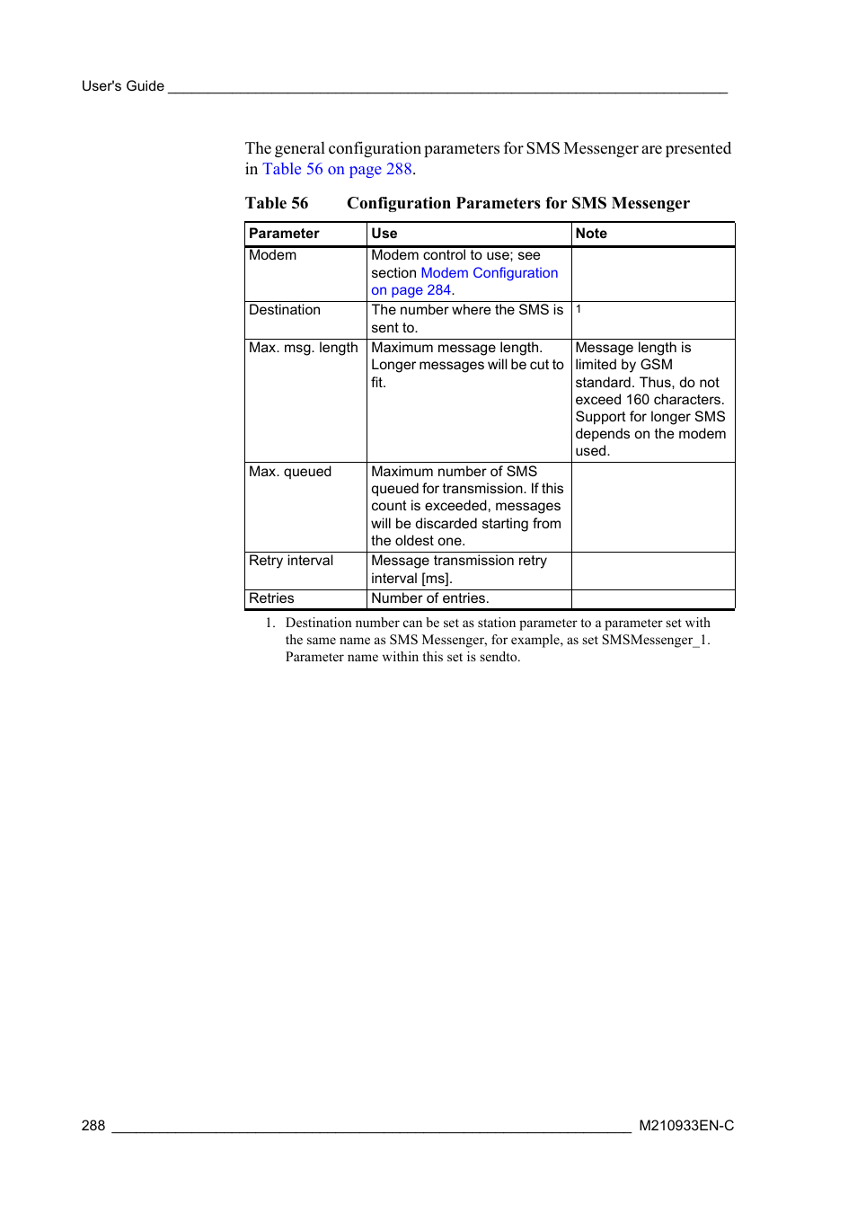 Table 56, Configuration parameters for sms messenger | Vaisala Hydromet Data Collection Platform User Manual | Page 290 / 384