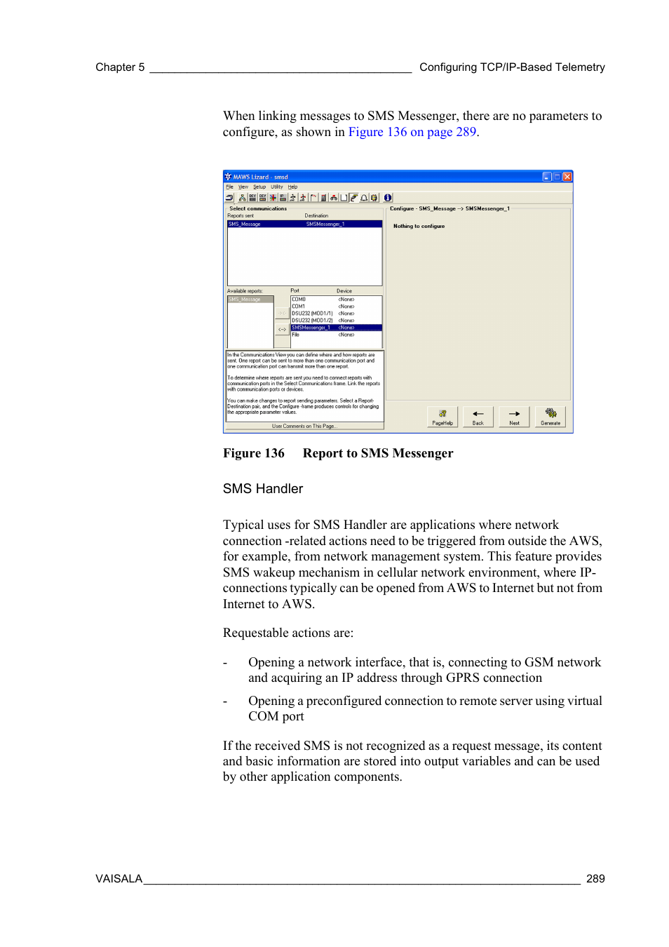 Sms handler, Figure 136 report to sms messenger | Vaisala Hydromet Data Collection Platform User Manual | Page 291 / 384