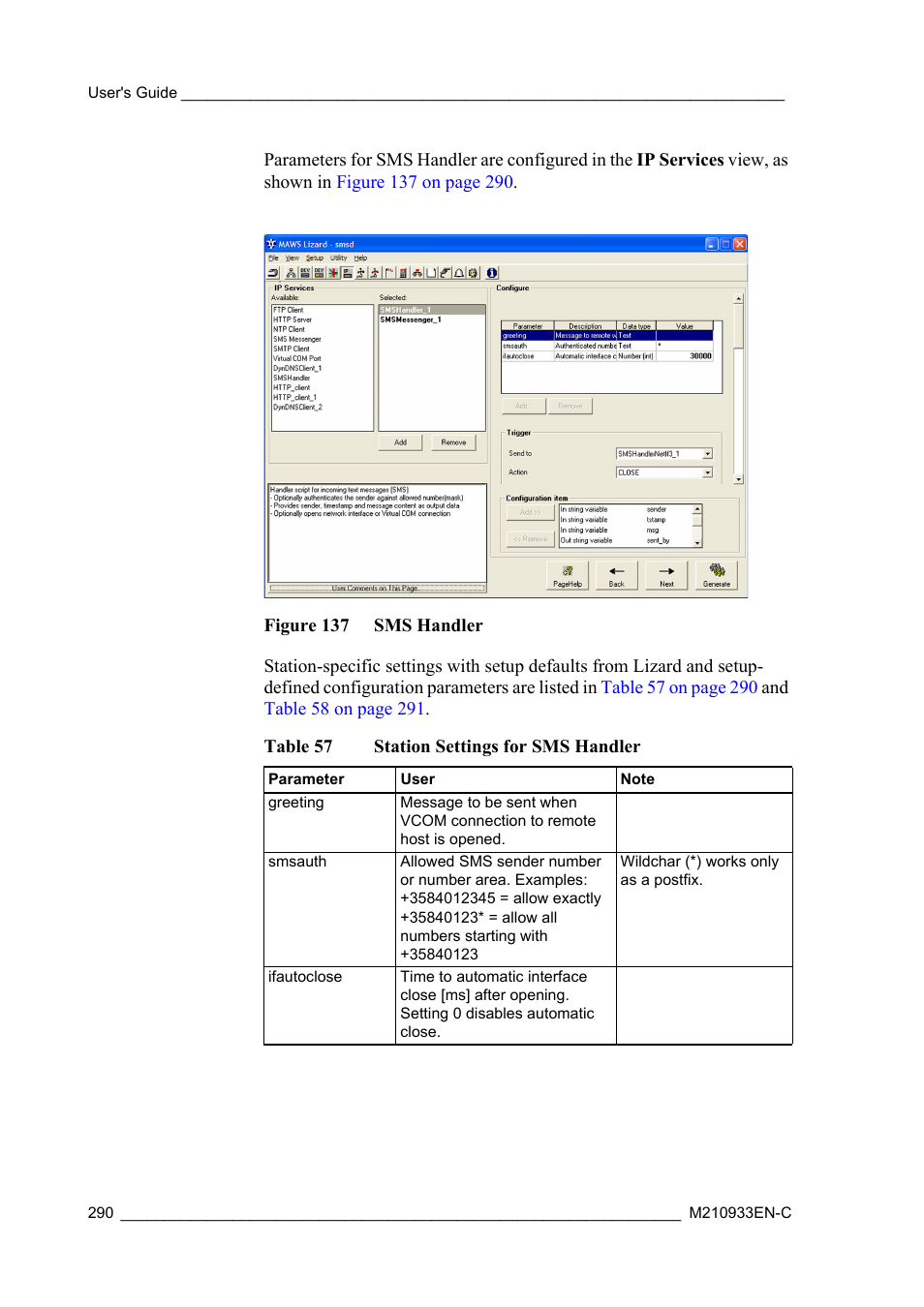 Figure 137 sms handler, Table 57, Station settings for sms handler | Vaisala Hydromet Data Collection Platform User Manual | Page 292 / 384