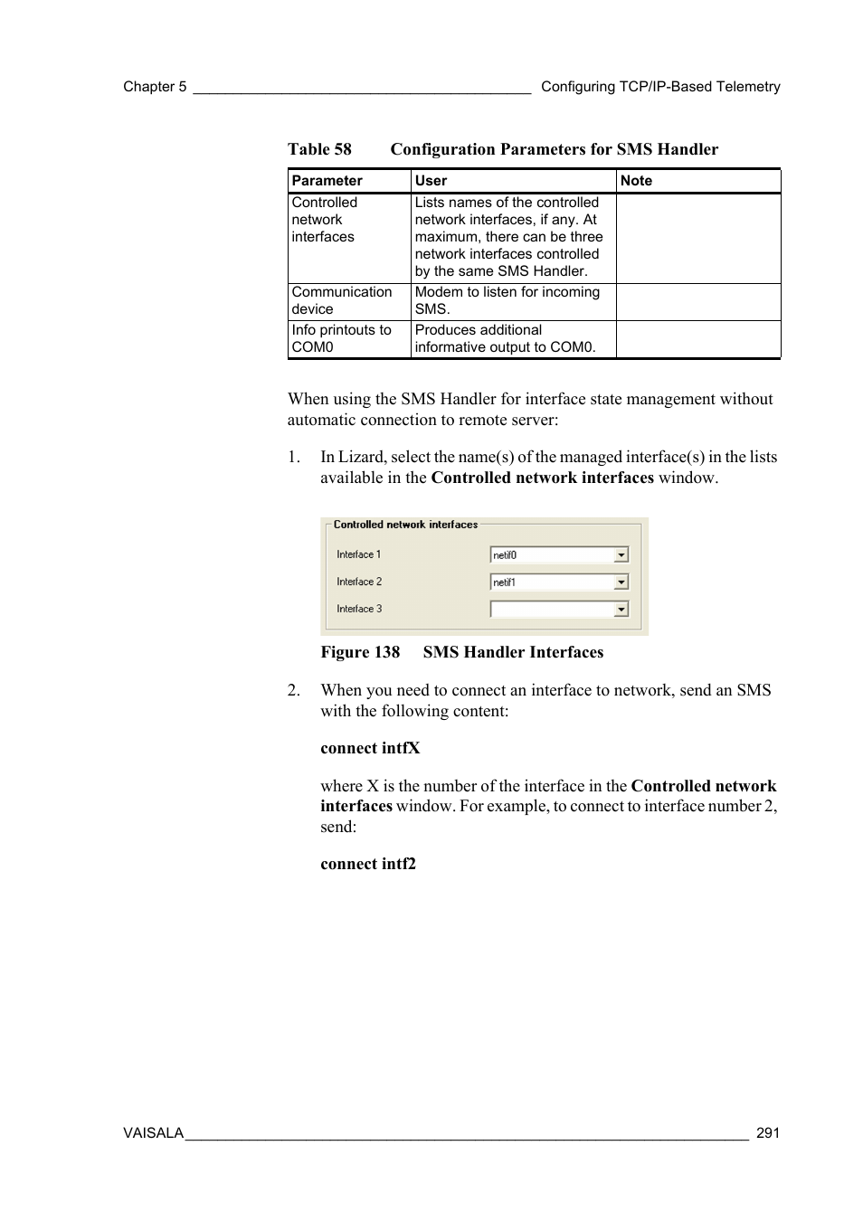Figure 138 sms handler interfaces, Table 58, Configuration parameters for sms handler | Vaisala Hydromet Data Collection Platform User Manual | Page 293 / 384