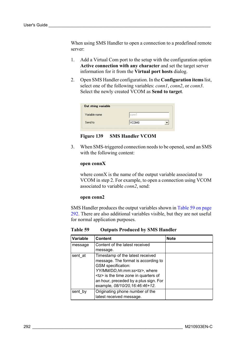 Figure 139 sms handler vcom, Table 59, Outputs produced by sms handler | Vaisala Hydromet Data Collection Platform User Manual | Page 294 / 384