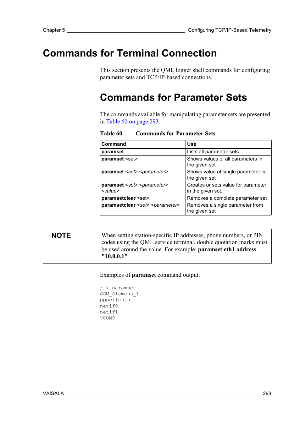 Commands for terminal connection, Commands for parameter sets, Table 60 | Commands for parameter | Vaisala Hydromet Data Collection Platform User Manual | Page 295 / 384