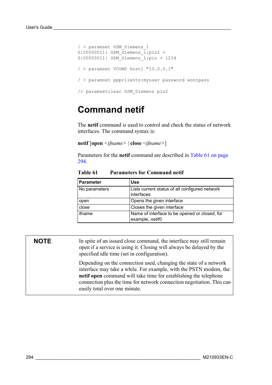 Command netif, Table 61, Parameters for command netif | Vaisala Hydromet Data Collection Platform User Manual | Page 296 / 384