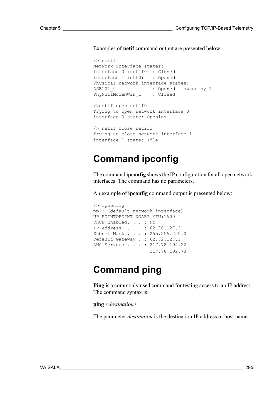 Command ipconfig, Command ping, Command ipconfig command ping | Vaisala Hydromet Data Collection Platform User Manual | Page 297 / 384