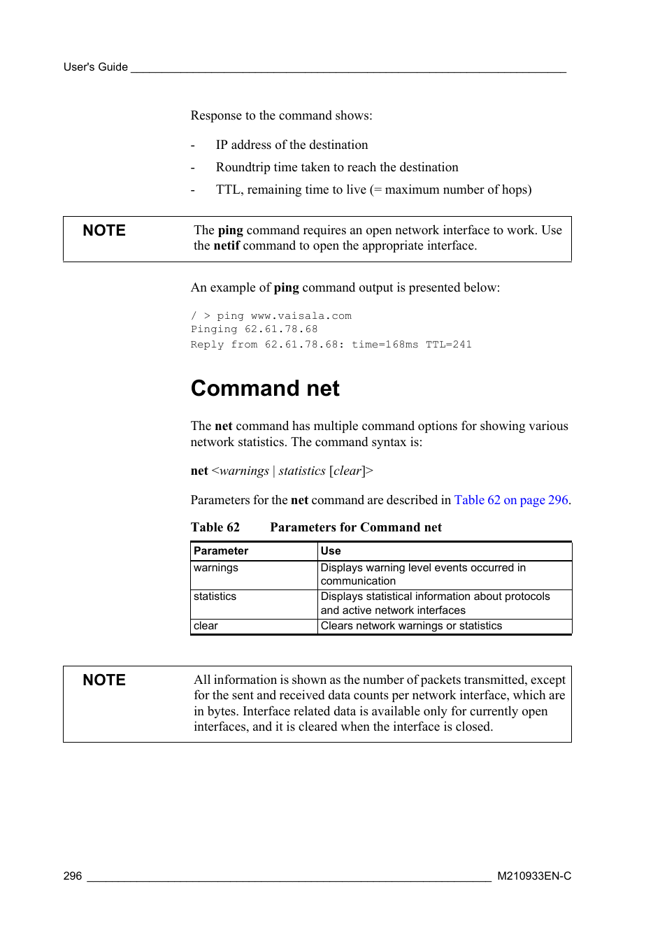 Command net, Table 62, Parameters for command net | Vaisala Hydromet Data Collection Platform User Manual | Page 298 / 384