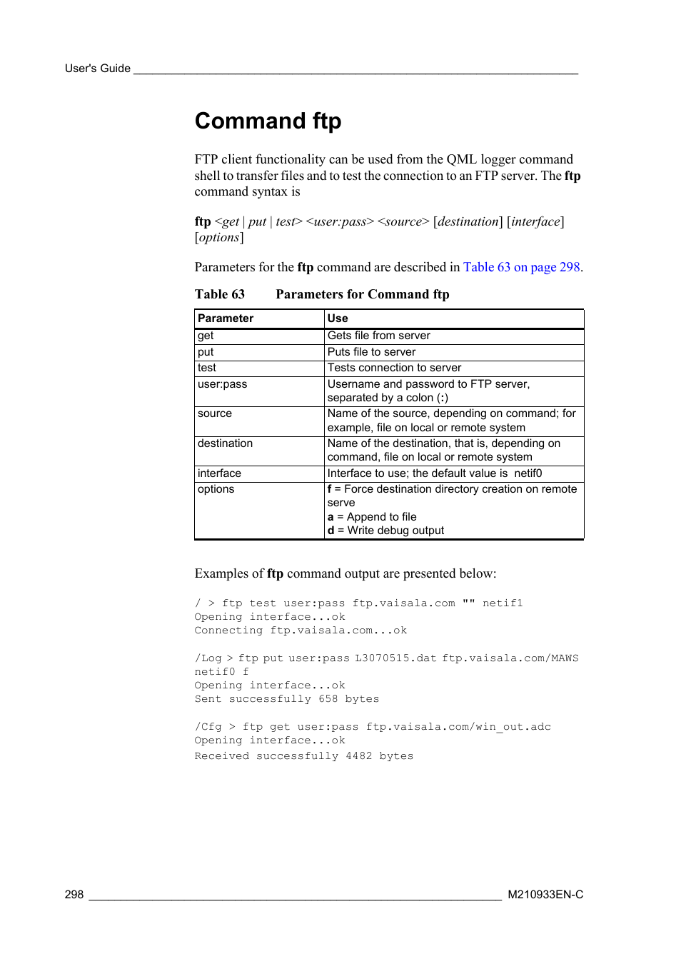 Command ftp, Table 63, Parameters for command ftp | Vaisala Hydromet Data Collection Platform User Manual | Page 300 / 384