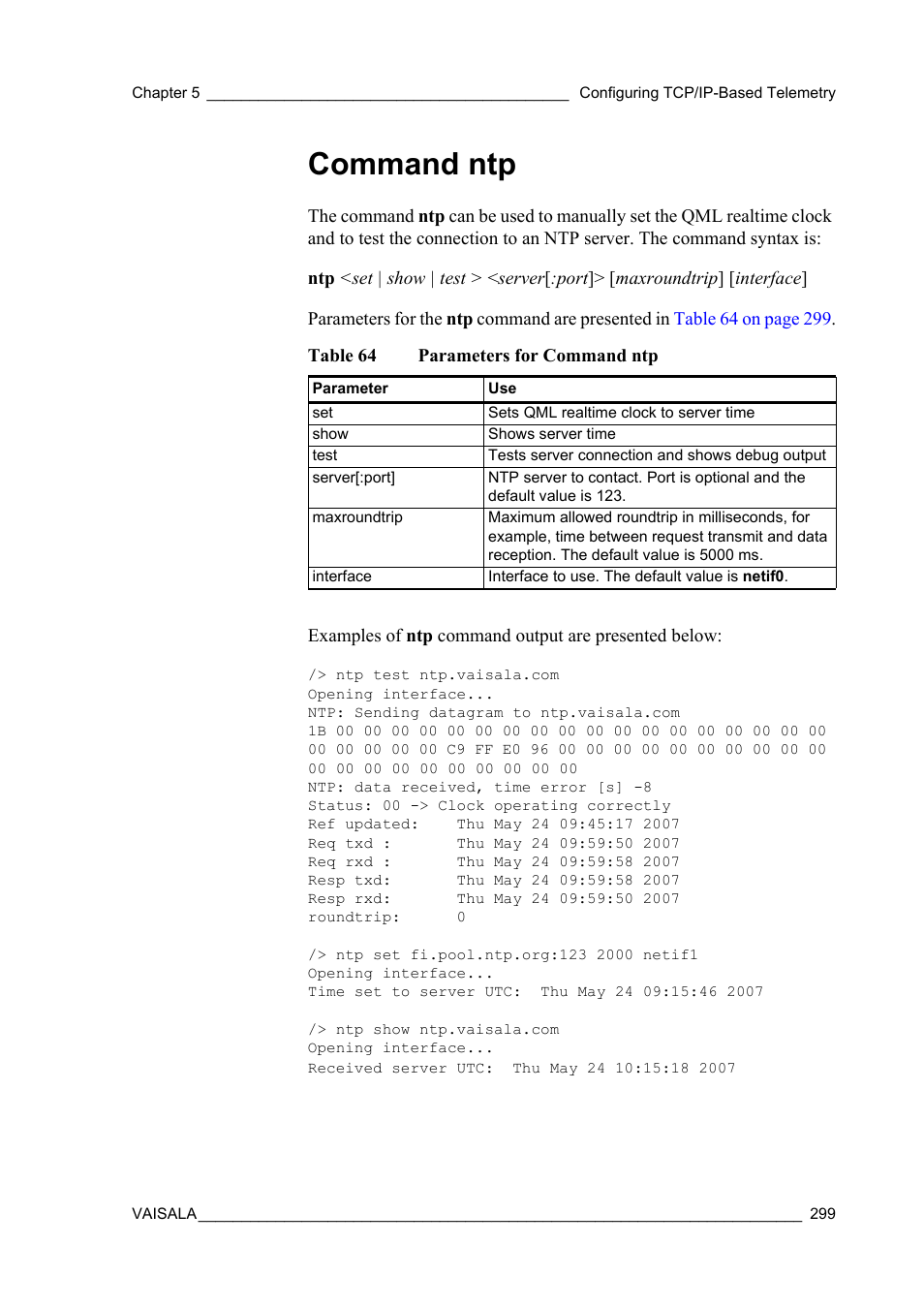 Command ntp, Table 64, Parameters for command ntp | Vaisala Hydromet Data Collection Platform User Manual | Page 301 / 384