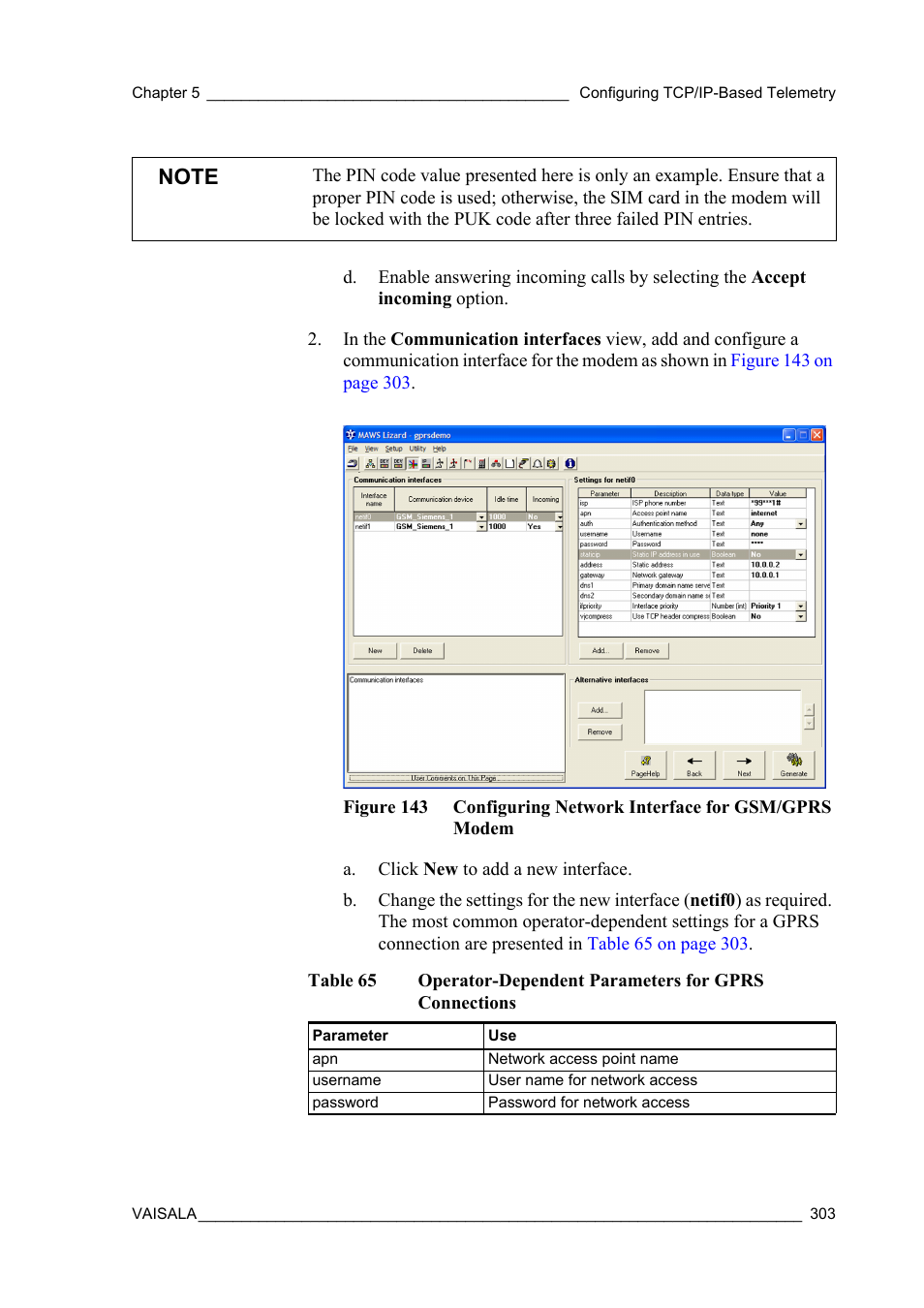 Table 65, Operator-dependent parameters for gprs connections | Vaisala Hydromet Data Collection Platform User Manual | Page 305 / 384