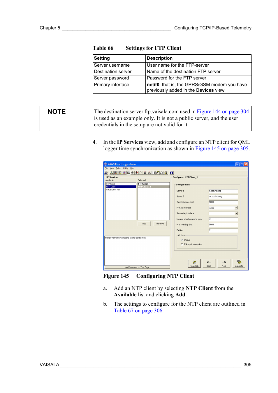 Figure 145 configuring ntp client, Table 66, Settings for ftp client | Vaisala Hydromet Data Collection Platform User Manual | Page 307 / 384
