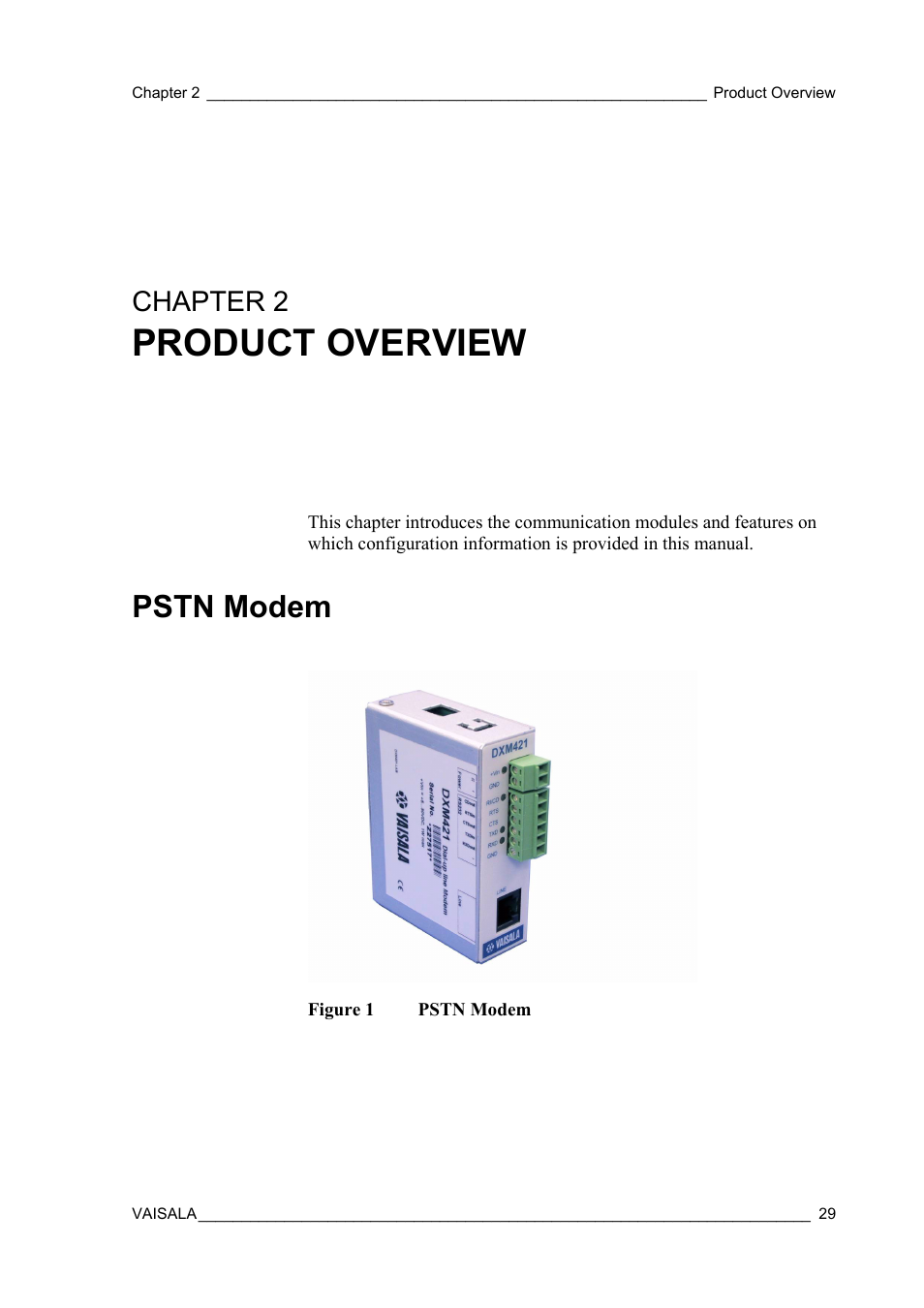 Chapter 2 product overview, Pstn modem, Chapter 2 | Figure 1, Product overview | Vaisala Hydromet Data Collection Platform User Manual | Page 31 / 384