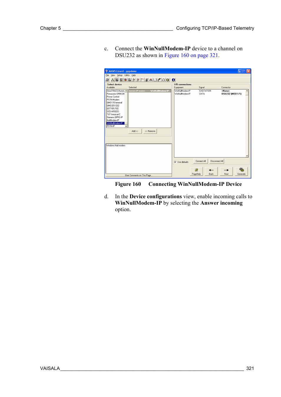Figure 160 connecting winnullmodem-ip device | Vaisala Hydromet Data Collection Platform User Manual | Page 323 / 384