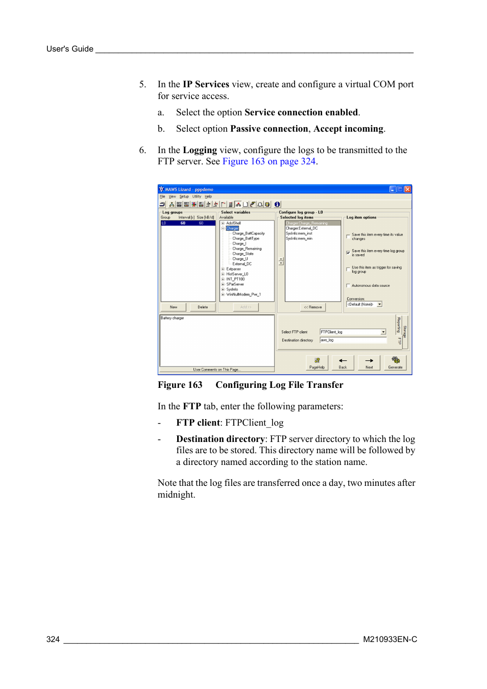 Figure 163 configuring log file transfer | Vaisala Hydromet Data Collection Platform User Manual | Page 326 / 384