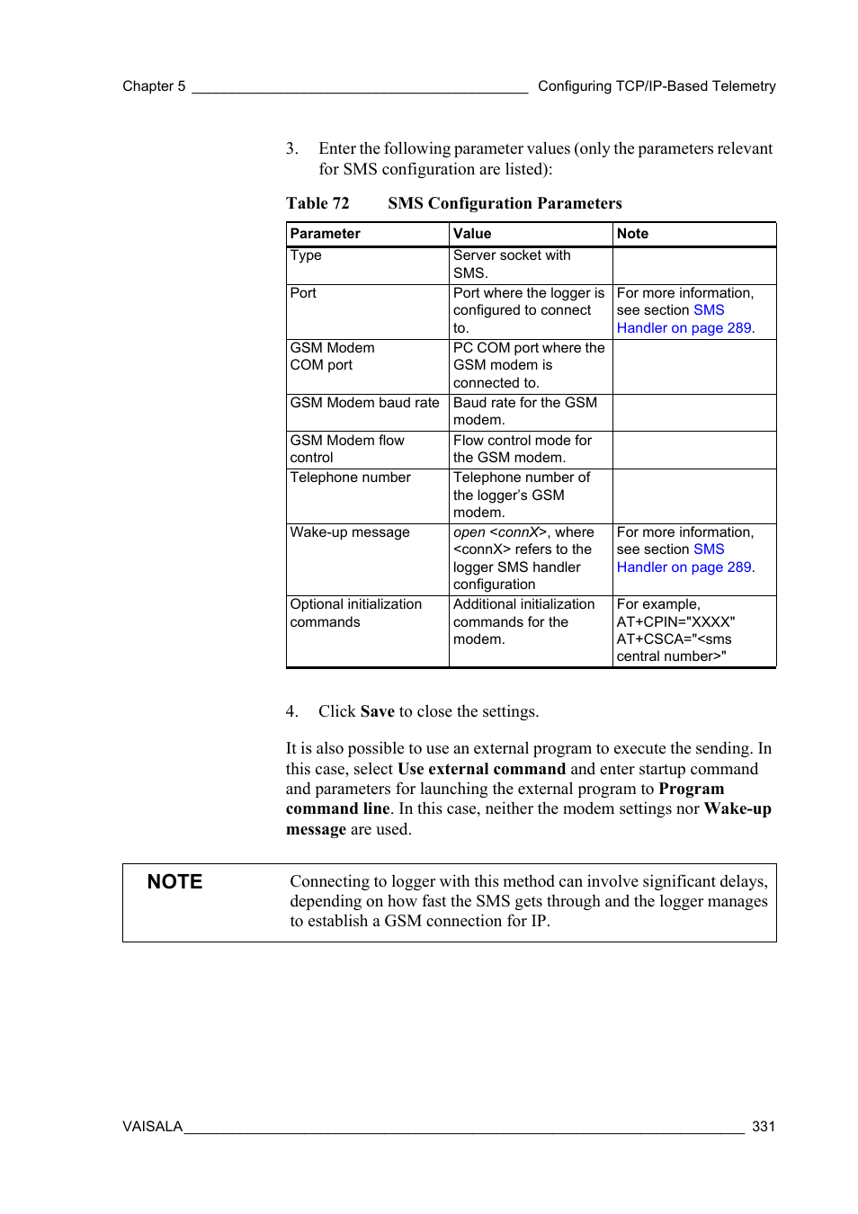 Table 72, Sms configuration parameters | Vaisala Hydromet Data Collection Platform User Manual | Page 333 / 384