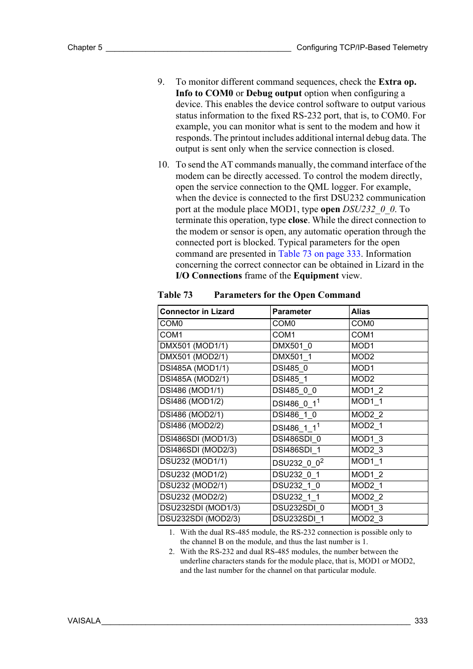 Table 73, Parameters for the open command | Vaisala Hydromet Data Collection Platform User Manual | Page 335 / 384