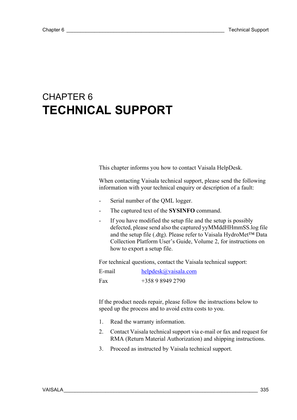 Chapter 6 technical support, Chapter 6, Technical support | Vaisala Hydromet Data Collection Platform User Manual | Page 337 / 384