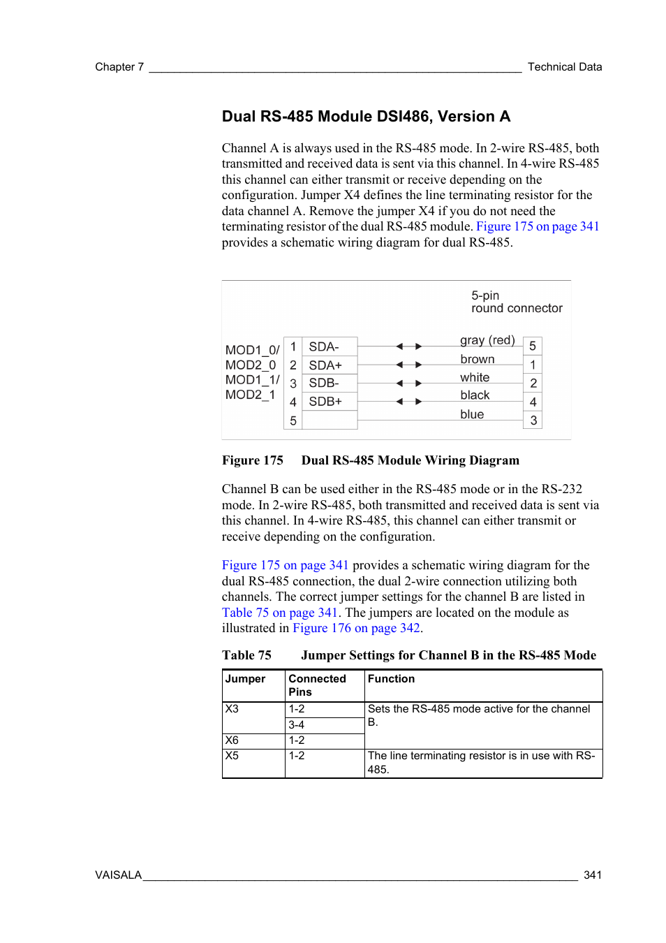 Dual rs-485 module dsi486, version a, Figure 175 dual rs-485 module wiring diagram, Table 75 | Jumper settings for channel b in the rs-485 mode | Vaisala Hydromet Data Collection Platform User Manual | Page 343 / 384