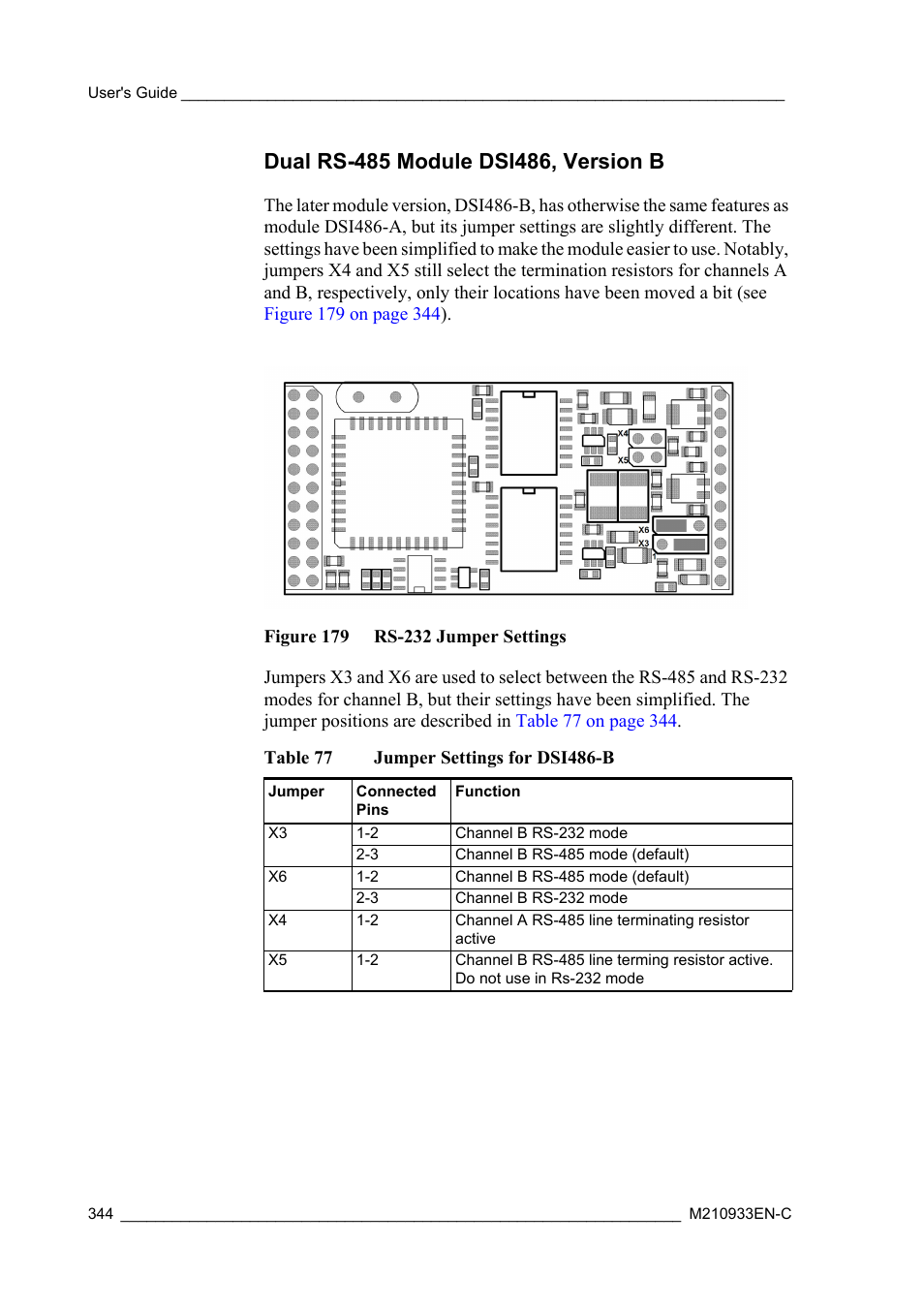 Dual rs-485 module dsi486, version b, Figure 179 rs-232 jumper settings, Table 77 | Jumper settings for dsi486-b | Vaisala Hydromet Data Collection Platform User Manual | Page 346 / 384