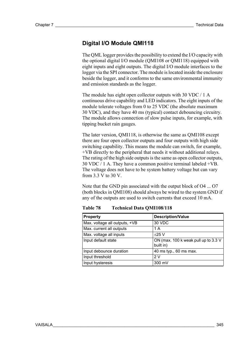 Digital i/o module qmi118, Table 78, Technical data qmi108/118 | Vaisala Hydromet Data Collection Platform User Manual | Page 347 / 384