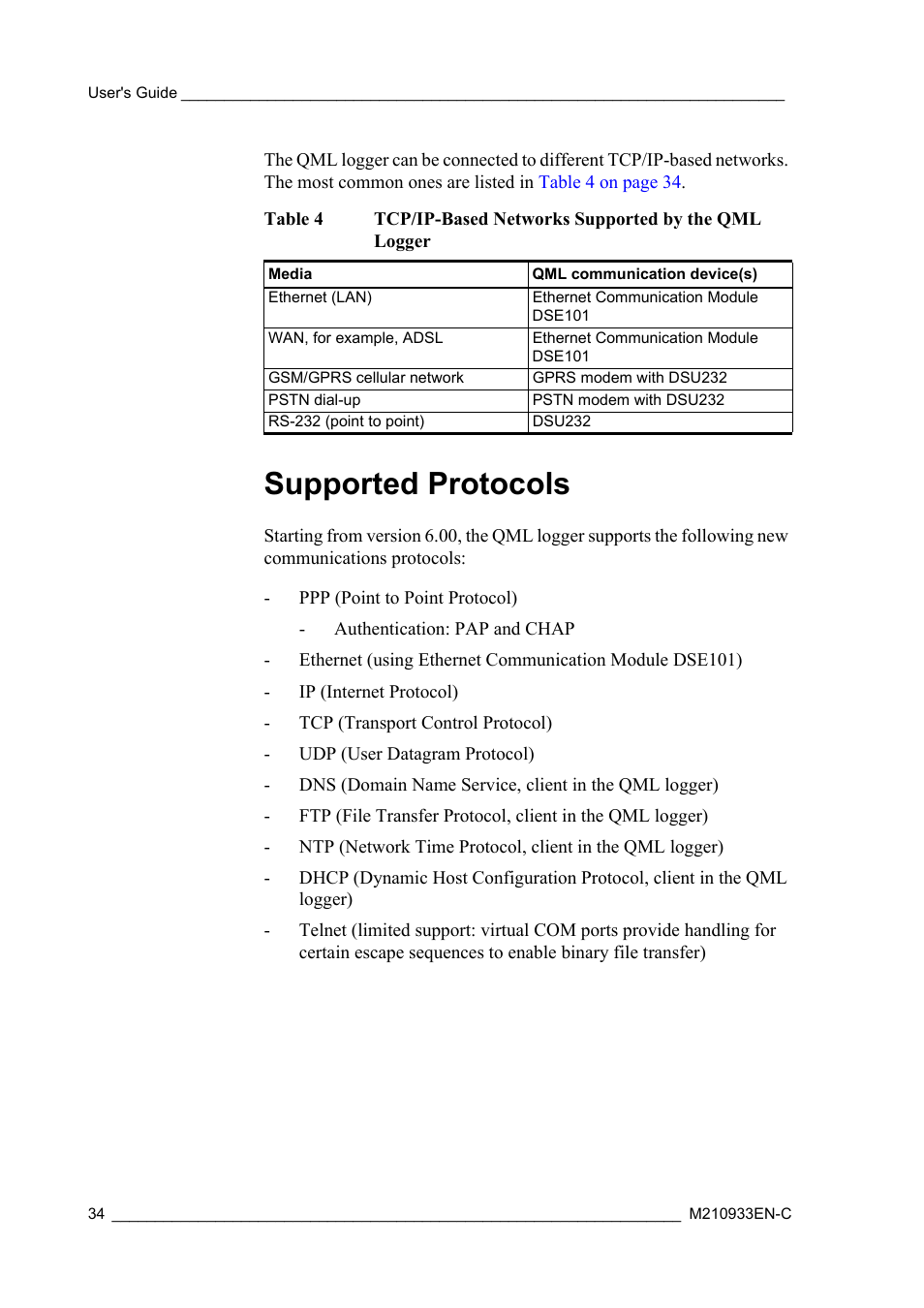 Supported protocols, Table 4, Tcp/ip-based networks supported by the qml logger | Vaisala Hydromet Data Collection Platform User Manual | Page 36 / 384