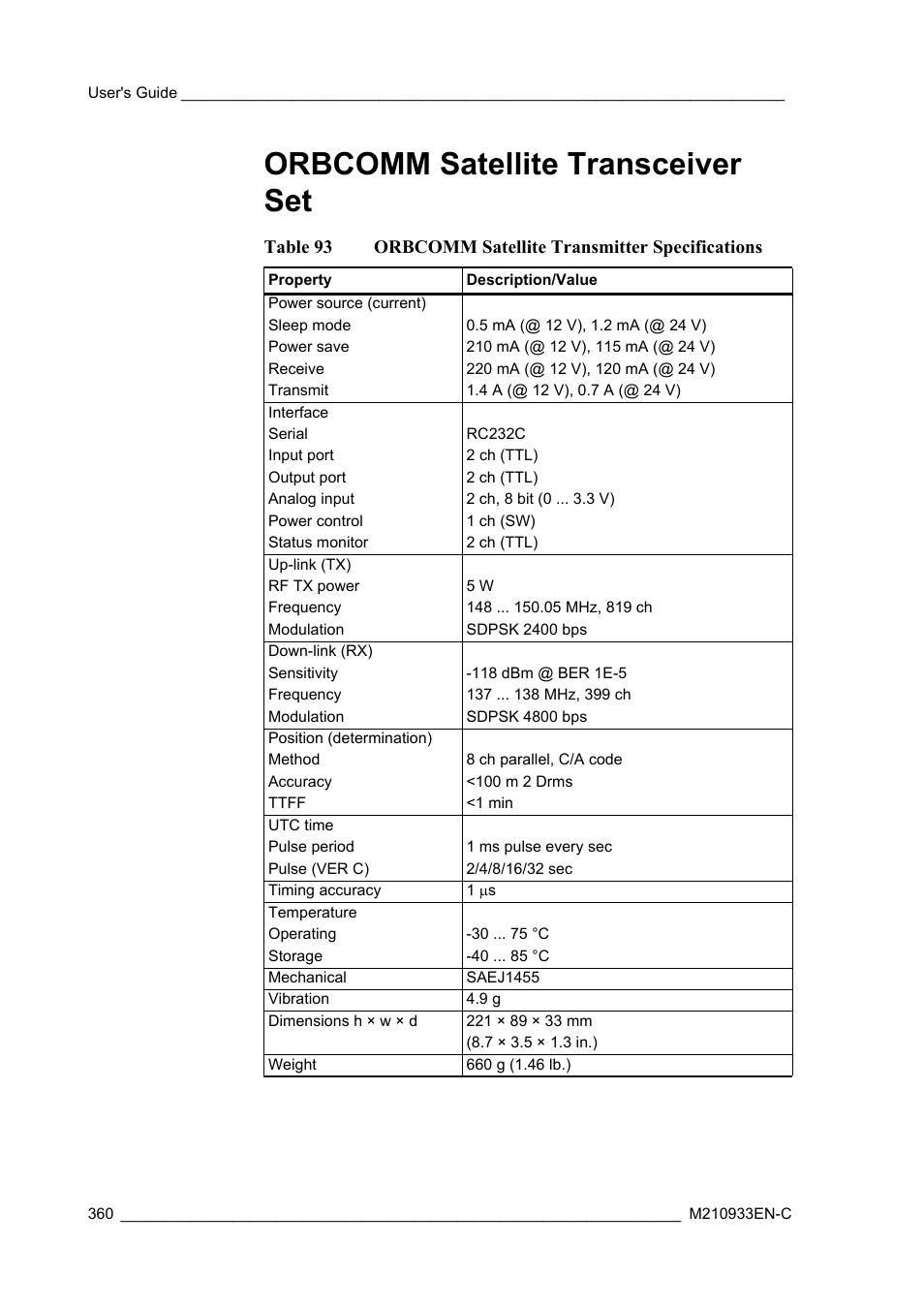 Orbcomm satellite transceiver set, Table 93, Orbcomm satellite transmitter specifications | Vaisala Hydromet Data Collection Platform User Manual | Page 362 / 384