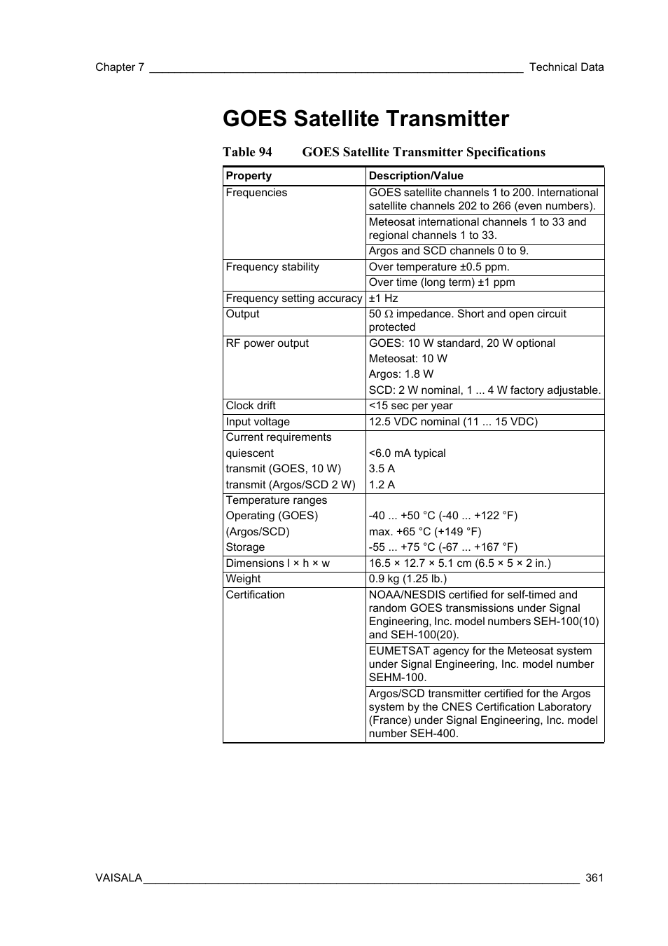 Goes satellite transmitter, Table 94, Goes satellite transmitter specifications | Vaisala Hydromet Data Collection Platform User Manual | Page 363 / 384