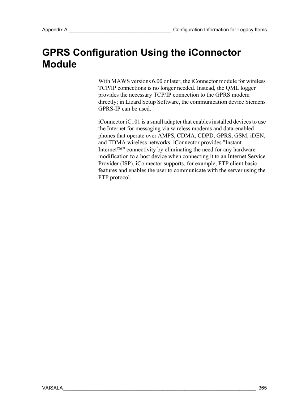 Gprs configuration using the iconnector module, Gprs | Vaisala Hydromet Data Collection Platform User Manual | Page 367 / 384