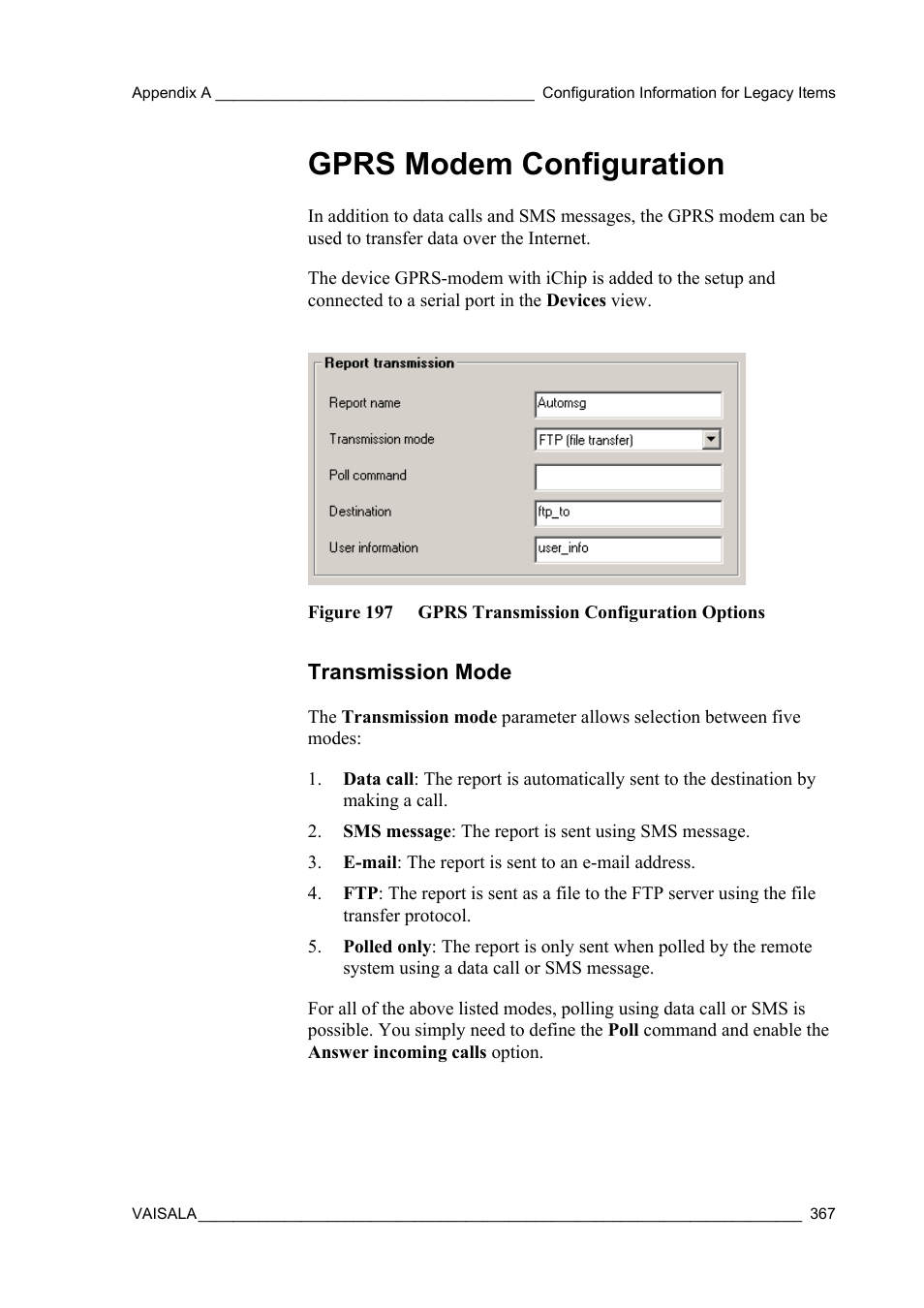 Gprs modem configuration, Transmission mode, Figure 197 gprs transmission configuration options | Vaisala Hydromet Data Collection Platform User Manual | Page 369 / 384