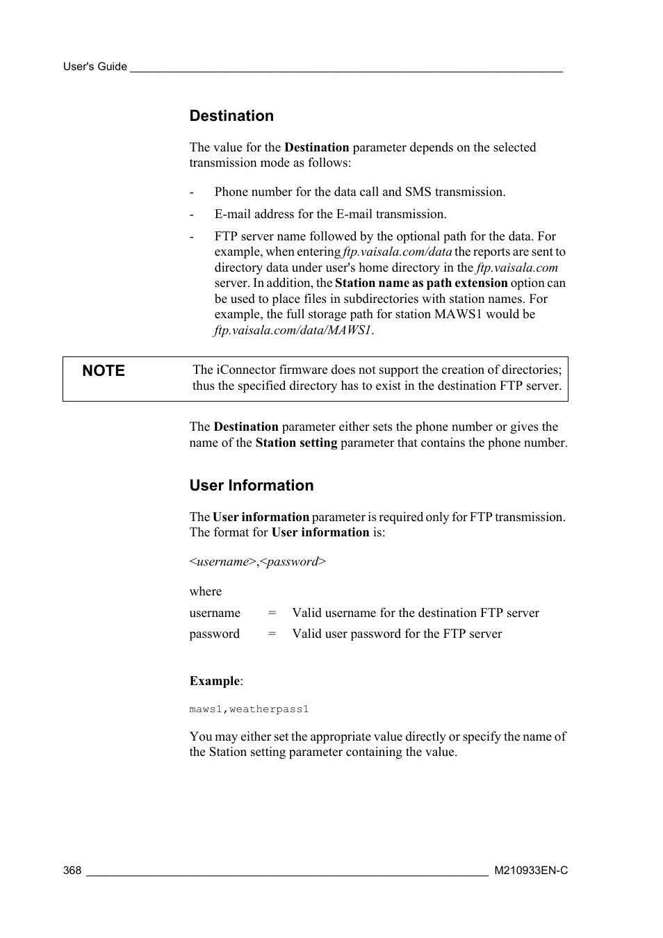 Destination, User information, Destination user information | Vaisala Hydromet Data Collection Platform User Manual | Page 370 / 384